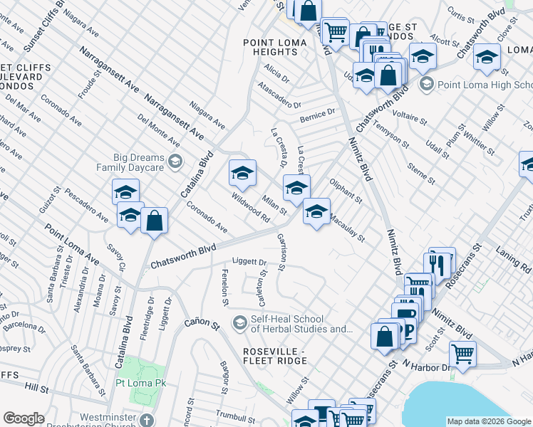 map of restaurants, bars, coffee shops, grocery stores, and more near in San Diego