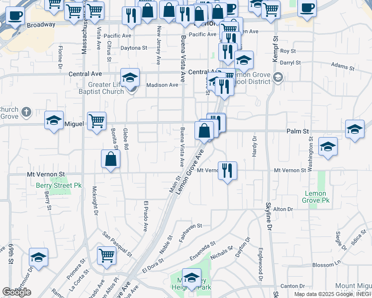 map of restaurants, bars, coffee shops, grocery stores, and more near 2514 Buena Vista Avenue in Lemon Grove