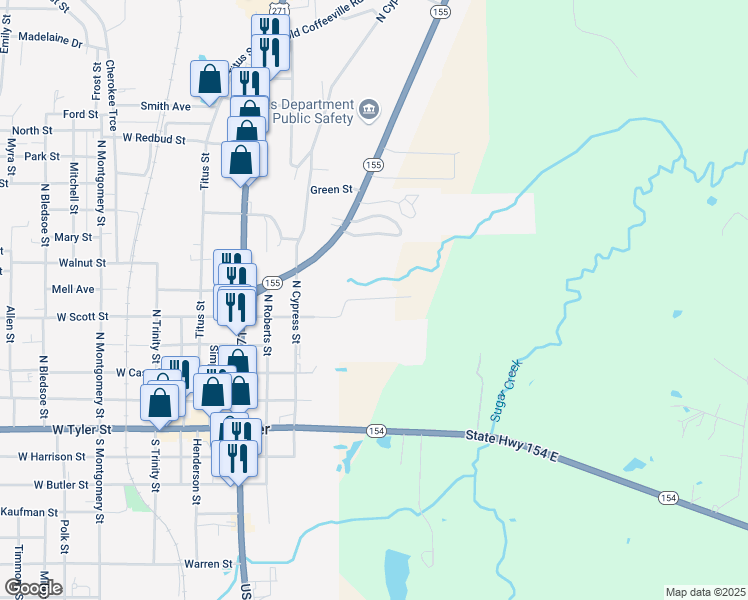 map of restaurants, bars, coffee shops, grocery stores, and more near 700 East Scott Street in Gilmer