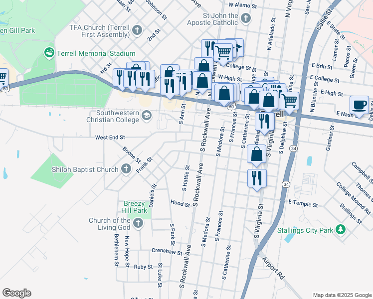 map of restaurants, bars, coffee shops, grocery stores, and more near 605 South Hattie Street in Terrell
