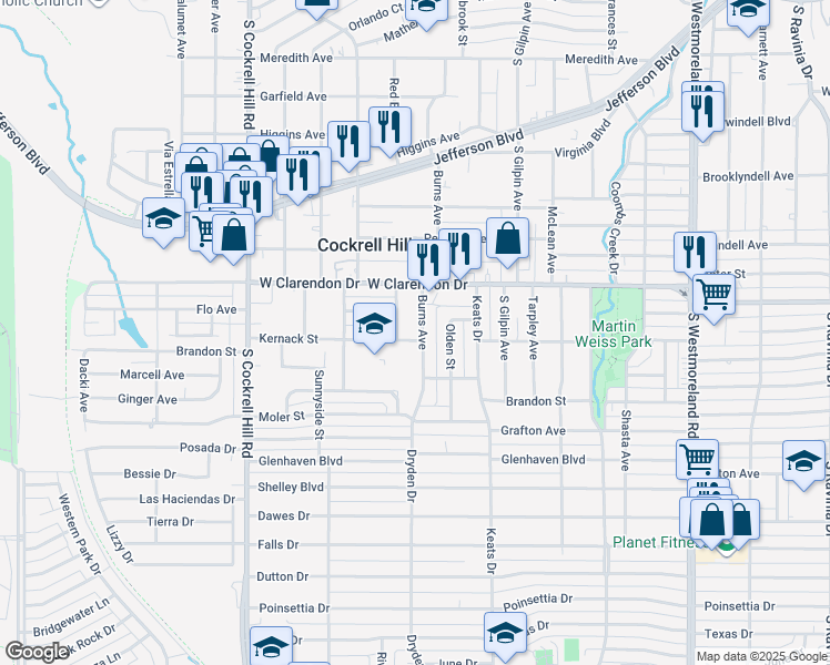 map of restaurants, bars, coffee shops, grocery stores, and more near 1201 Burns Avenue in Dallas