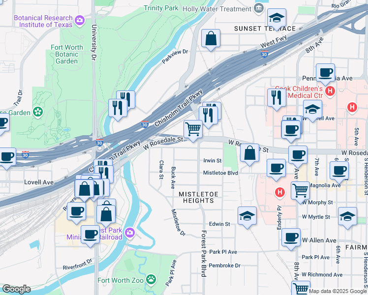map of restaurants, bars, coffee shops, grocery stores, and more near 2315 West Rosedale Street in Fort Worth