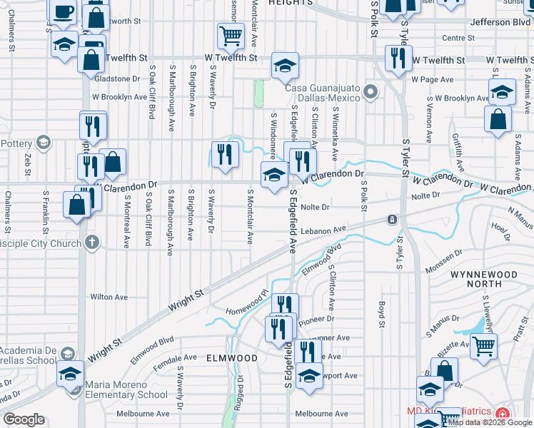 map of restaurants, bars, coffee shops, grocery stores, and more near 1220 South Montclair Avenue in Dallas