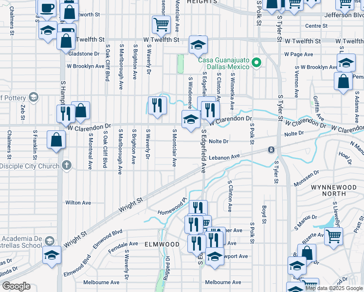 map of restaurants, bars, coffee shops, grocery stores, and more near 1220 South Montclair Avenue in Dallas