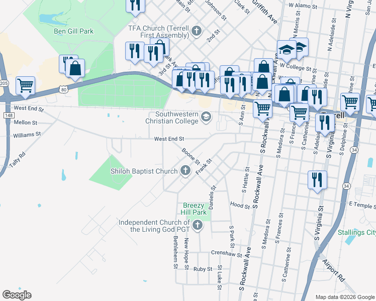 map of restaurants, bars, coffee shops, grocery stores, and more near 304 Mineral Wells Street in Terrell