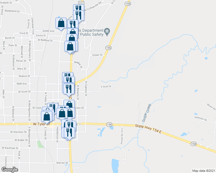 map of restaurants, bars, coffee shops, grocery stores, and more near 700 East Scott Street in Gilmer