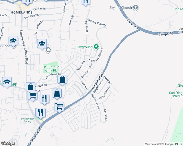 map of restaurants, bars, coffee shops, grocery stores, and more near 10850 Jamacha Boulevard in Spring Valley