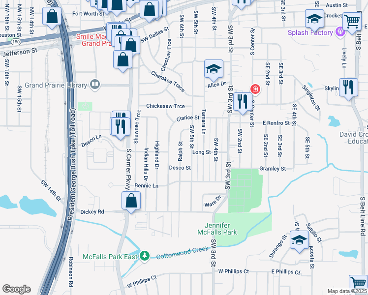 map of restaurants, bars, coffee shops, grocery stores, and more near 1002 Southwest 5th Street in Grand Prairie