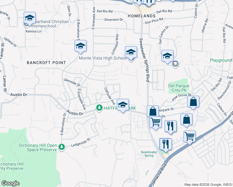 map of restaurants, bars, coffee shops, grocery stores, and more near 10116 Cliffside Place in Spring Valley