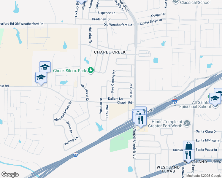 map of restaurants, bars, coffee shops, grocery stores, and more near 2720 Brea Canyon Road in Fort Worth