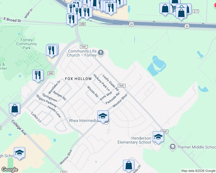 map of restaurants, bars, coffee shops, grocery stores, and more near 1151 Hickory Park in Forney