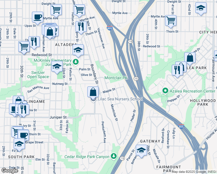 map of restaurants, bars, coffee shops, grocery stores, and more near 2619 Montclair Street in San Diego