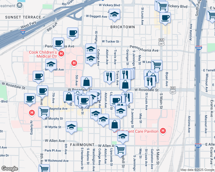 map of restaurants, bars, coffee shops, grocery stores, and more near 1100 Lipscomb Street in Fort Worth