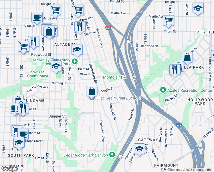 map of restaurants, bars, coffee shops, grocery stores, and more near 2619 Montclair Street in San Diego