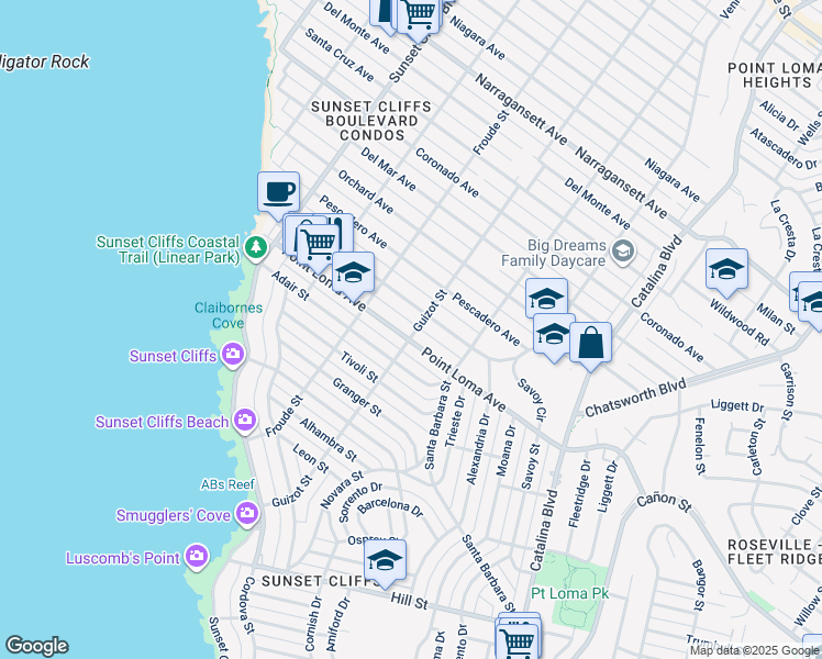 map of restaurants, bars, coffee shops, grocery stores, and more near 4506 Point Loma Avenue in San Diego
