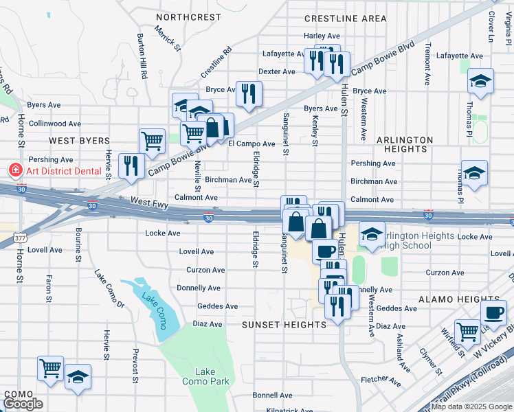 map of restaurants, bars, coffee shops, grocery stores, and more near 4900 West Freeway in Fort Worth