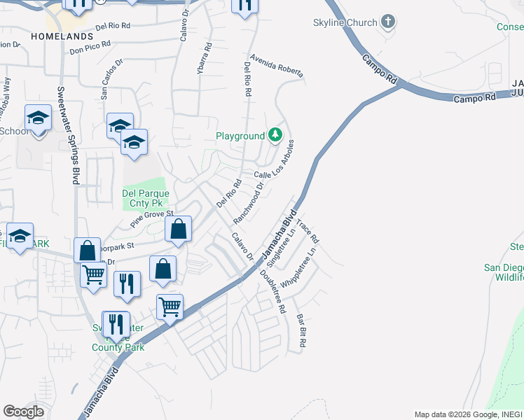 map of restaurants, bars, coffee shops, grocery stores, and more near 10850 Jamacha Boulevard in Spring Valley