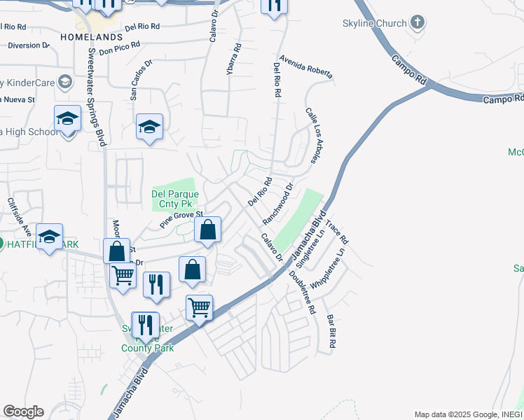 map of restaurants, bars, coffee shops, grocery stores, and more near 3047 Charwood Court in Spring Valley