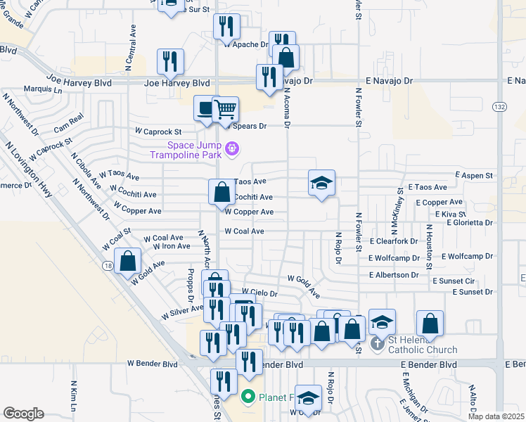 map of restaurants, bars, coffee shops, grocery stores, and more near 421 West Copper Avenue in Hobbs