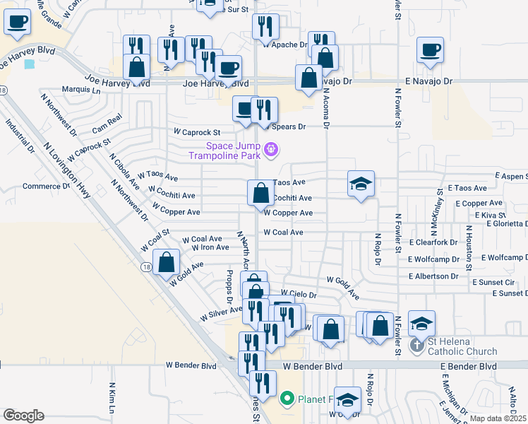 map of restaurants, bars, coffee shops, grocery stores, and more near 720 West Coal Avenue in Hobbs