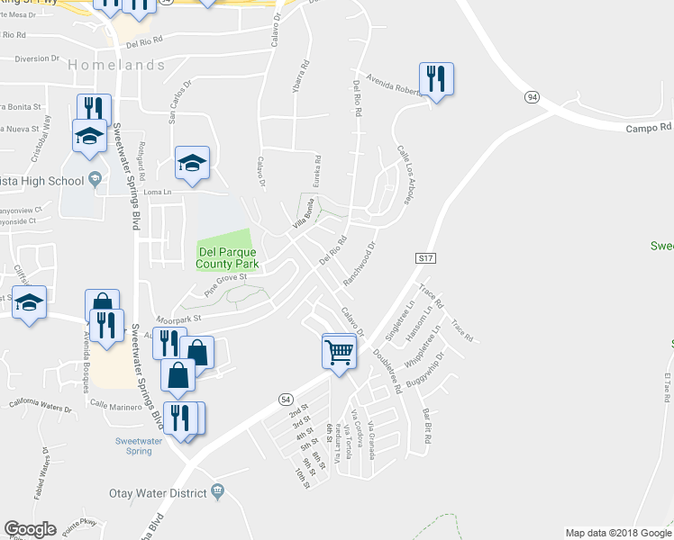 map of restaurants, bars, coffee shops, grocery stores, and more near 3041 Brookpine Court in Spring Valley