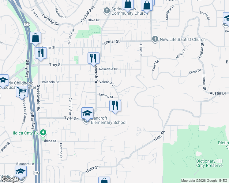 map of restaurants, bars, coffee shops, grocery stores, and more near 9058 Lemon Street in Spring Valley