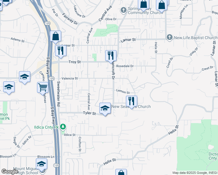 map of restaurants, bars, coffee shops, grocery stores, and more near 8941 Arlingdale Way in Spring Valley