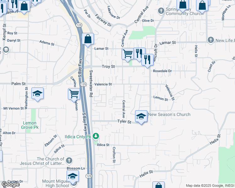 map of restaurants, bars, coffee shops, grocery stores, and more near 2528 Central Avenue in Spring Valley