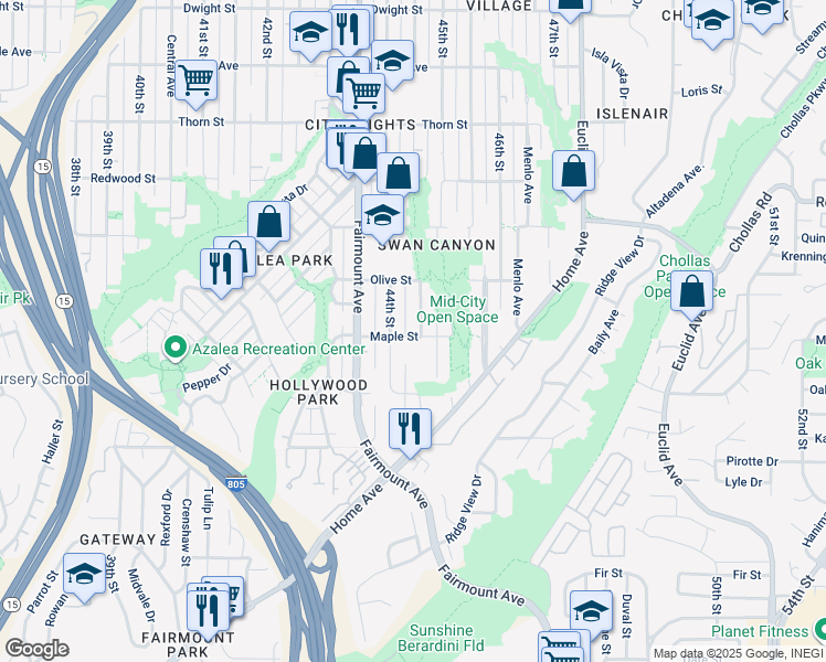 map of restaurants, bars, coffee shops, grocery stores, and more near 2 Maple Street in San Diego