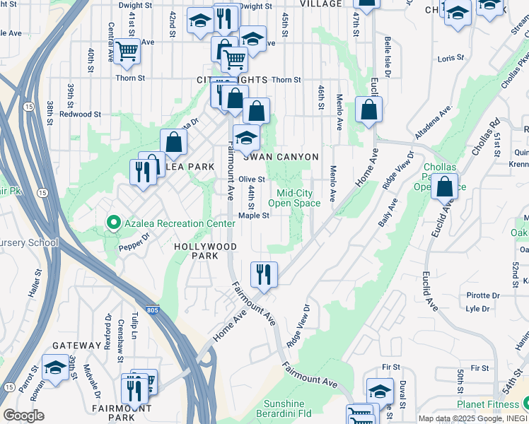 map of restaurants, bars, coffee shops, grocery stores, and more near 2 Maple Street in San Diego