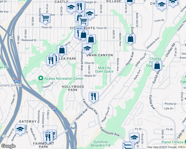 map of restaurants, bars, coffee shops, grocery stores, and more near 2 Maple Street in San Diego