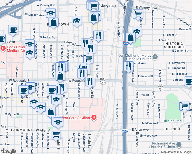 map of restaurants, bars, coffee shops, grocery stores, and more near 1085 South Main Street in Fort Worth