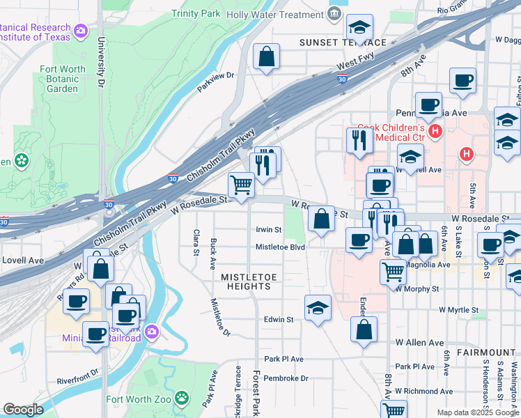 map of restaurants, bars, coffee shops, grocery stores, and more near 2229 West Rosedale Street in Fort Worth