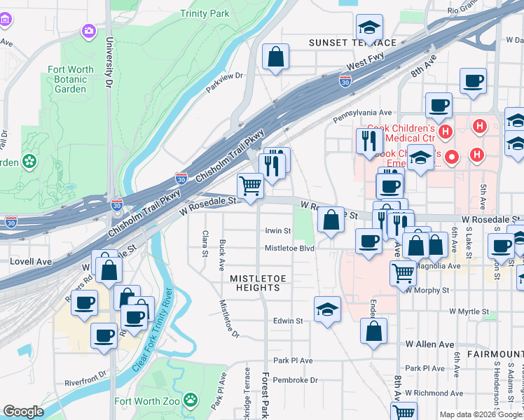 map of restaurants, bars, coffee shops, grocery stores, and more near 2229 West Rosedale Street in Fort Worth