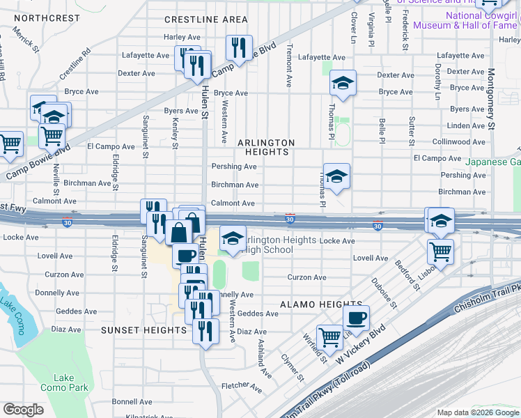 map of restaurants, bars, coffee shops, grocery stores, and more near 4401 Calmont Avenue in Fort Worth