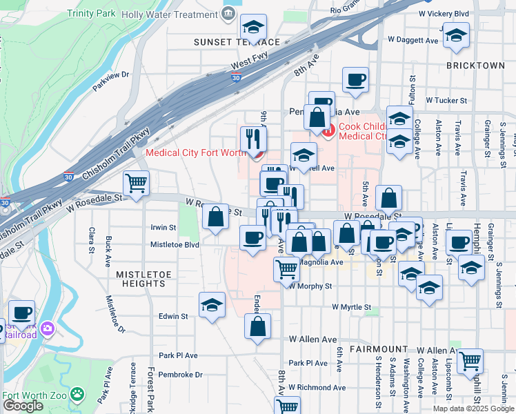 map of restaurants, bars, coffee shops, grocery stores, and more near 1699-1651 West Rosedale Street in Fort Worth