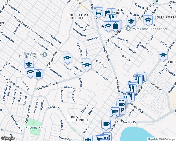 map of restaurants, bars, coffee shops, grocery stores, and more near 1775 Chatsworth Boulevard in San Diego