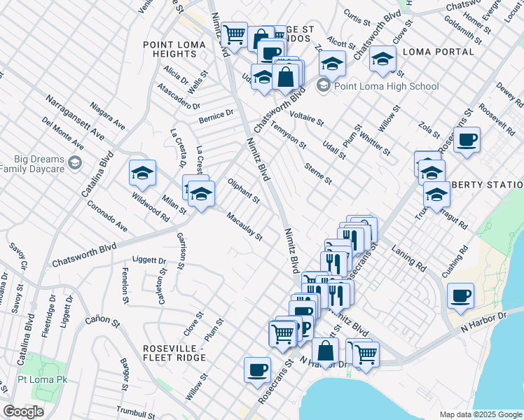 map of restaurants, bars, coffee shops, grocery stores, and more near 1863 Tustin Street in San Diego