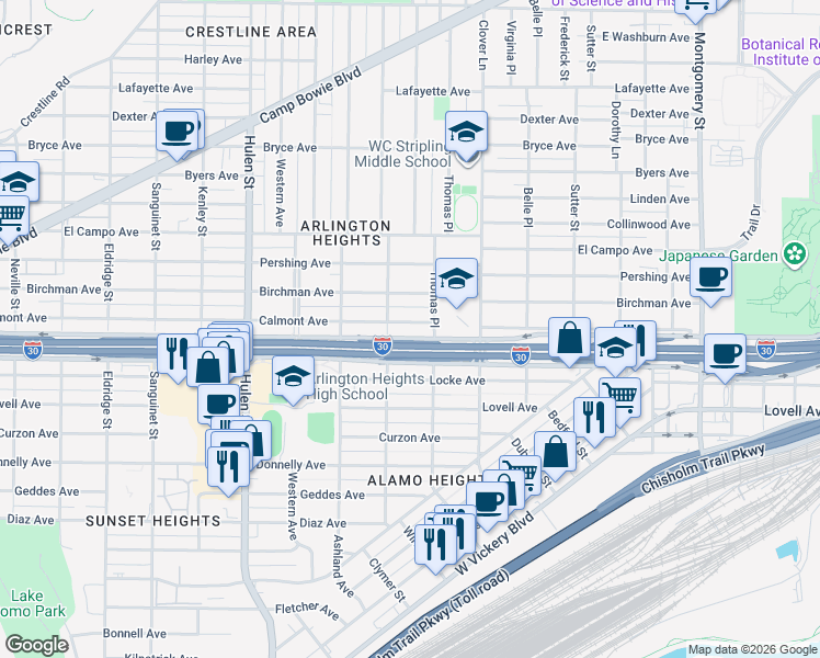 map of restaurants, bars, coffee shops, grocery stores, and more near 4219 Calmont Avenue in Fort Worth
