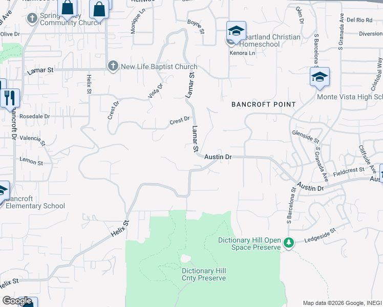 map of restaurants, bars, coffee shops, grocery stores, and more near 9703 Austin Drive in Spring Valley