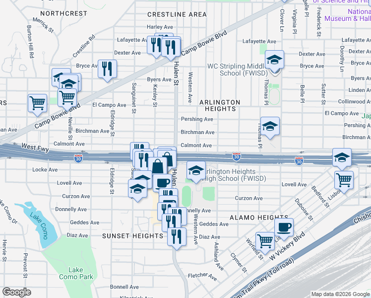 map of restaurants, bars, coffee shops, grocery stores, and more near 4700 West Freeway in Fort Worth