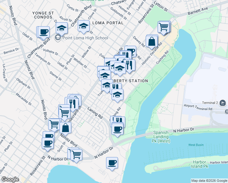 map of restaurants, bars, coffee shops, grocery stores, and more near 2842 Farragut Road in San Diego
