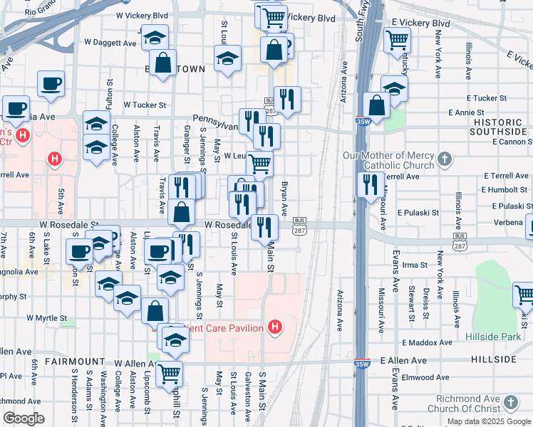 map of restaurants, bars, coffee shops, grocery stores, and more near 1085 South Main Street in Fort Worth