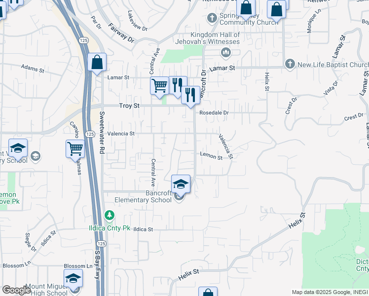map of restaurants, bars, coffee shops, grocery stores, and more near 2560 Bancroft Drive in Spring Valley