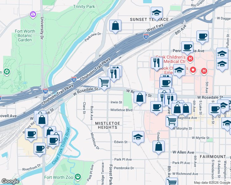map of restaurants, bars, coffee shops, grocery stores, and more near 2229 West Rosedale Street in Fort Worth