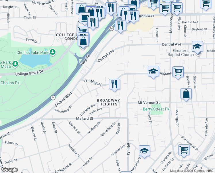 map of restaurants, bars, coffee shops, grocery stores, and more near 6737 San Miguel in Lemon Grove