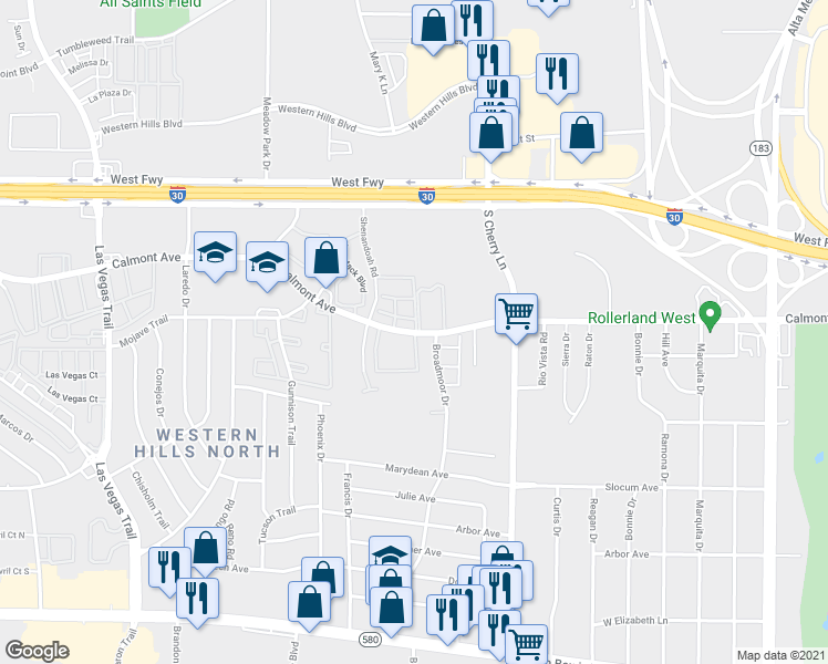 map of restaurants, bars, coffee shops, grocery stores, and more near 8134 Calmont Avenue in Fort Worth