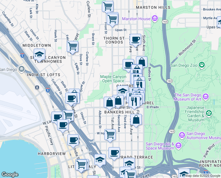 map of restaurants, bars, coffee shops, grocery stores, and more near 2710 1st Avenue in San Diego