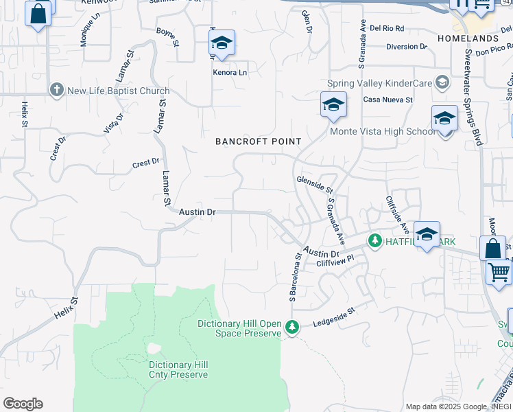 map of restaurants, bars, coffee shops, grocery stores, and more near 9843 Austin Drive in Spring Valley