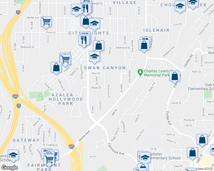 map of restaurants, bars, coffee shops, grocery stores, and more near 2591 Roseview Place in San Diego
